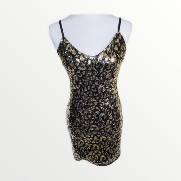 Guess Gold Black Leopard Sequin Dress Sleeveless Small NWT - Picture 2 of 12